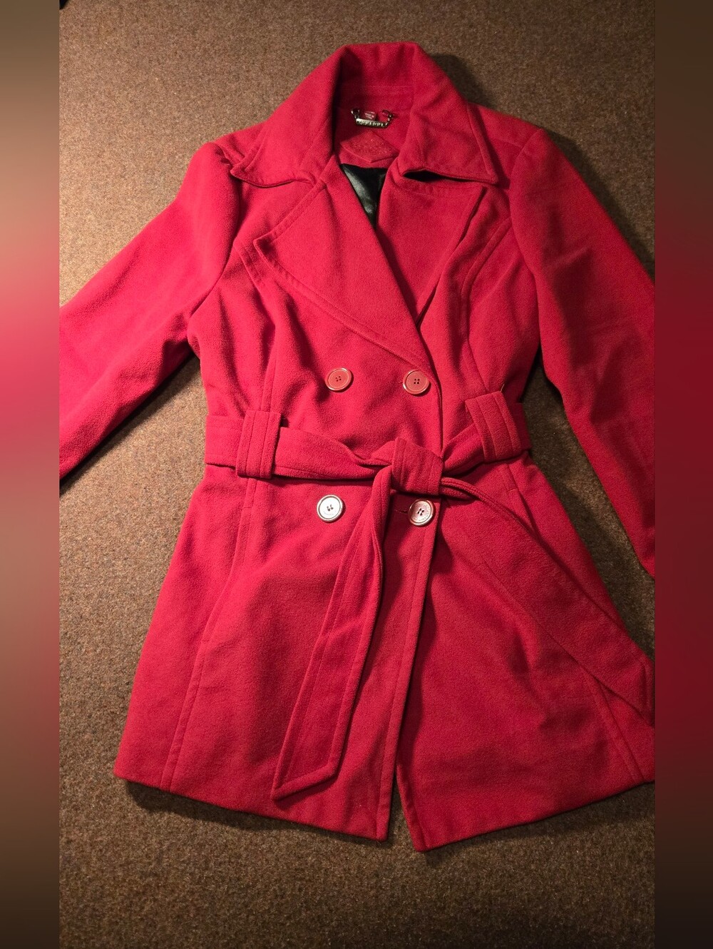 Vintage Jou Jou Double-breasted Belted Red Trench Pea Coat Size XL